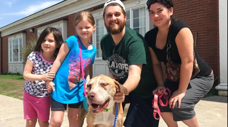 This May 5, 2018 photo provided by Laura Simmons-Wark, shows the Wieferich family holding their dog â€œBambiâ€ at the Lucas County Canine Care & Control in Toledo, Ohio. The dog ran away from the Lansing, Mich., family four years ago was reunited with them after being found more than 100 miles away in Ohio and identified through a microchip. Bradley Wieferich said he was surprised by the call from a microchip company telling him Bambi had been found. (Photo: AP)