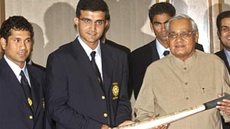 Atal Bihari Vajpayee, the then Indian Prime Minister, presented the Indian team captain, Sourav Ganguly, a cricket bat with a message, saying, \Khel hi nahi, dil bhi jeetiye - shubhkamnaye\ before the Indian teams departure to the historic Pakistan tour in 2004. (Photo: AP)