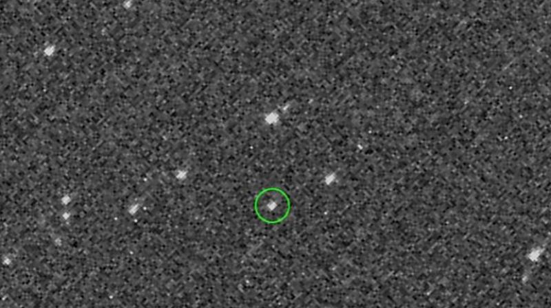 On Aug. 17, the OSIRIS-REx spacecraft obtained the first images of its target asteroid Bennu from a distance of 1.4 million miles (2.2 million km), or almost six times the distance between the Earth and Moon. This cropped set of five images was obtained by the PolyCam camera over the course of an hour for calibration purposes and in order to assist the missions navigation team with optical navigation efforts. Bennu is visible as a moving object against the stars in the constellation Serpens. Credits: NASA/Goddard/University of Arizona