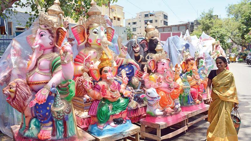 Ahead of VInayaka Chaturthi, Ganesha idols of various sizes and hues ready for sale at Valsaravakkam in Chennai.   (Image: DC)