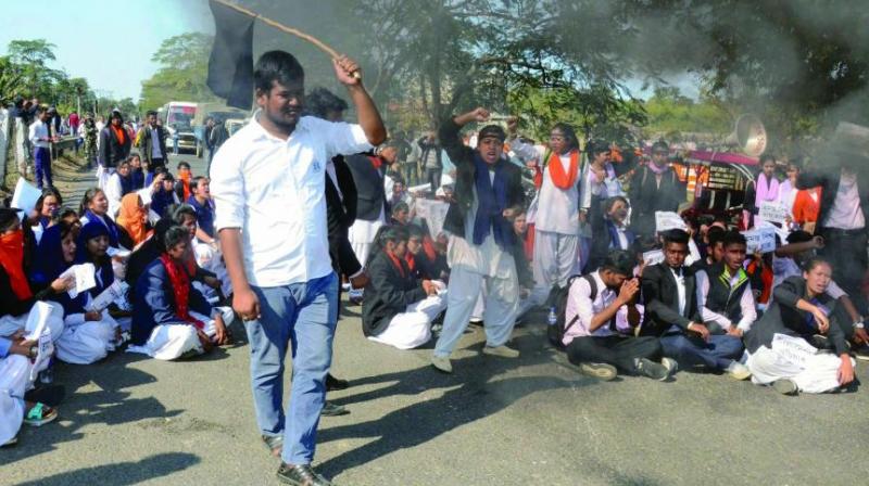 A file photo of college students blocking NH 37 in protest against the Citizenship (Amendment) Bill, 2016, in Dibrugarh in Assam.