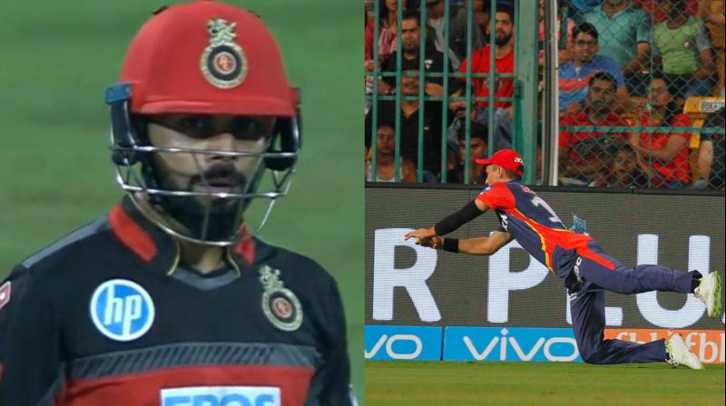 Trent Boult took an absolute screamer, near the boundary rope to send Virat Kohli packing off Harshal Patels bowling. (Photo: Screengrab / BCCI)