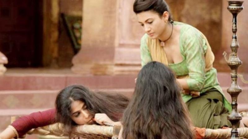 Vidya plays the role of a brothel madame in Begum Jaan. Here she is seen with Gauhar Khan who plays a pivotal role in the film.
