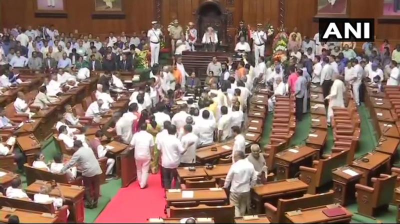 The BJP leaders in the Assembly claimed that the Kumaraswamy-led Congress-Janata Dal (United) coalition government lacked majority as four Congress lawmakers were missing in the House on Wednesday. (Photo: ANI)