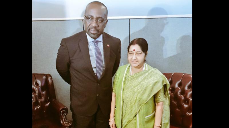 The issue of Mehul Choksis extradition was raised by Sushma Swaraj during bilateral meeting with Antiguan Foreign Minister on sidelines of the United Nations General Assembly. (Photo: Twitter | ANI)