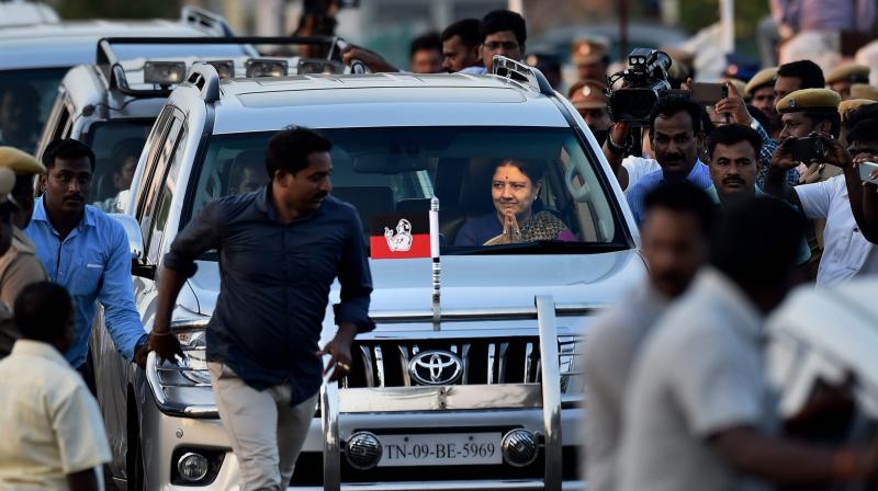 VK Sasikala arrives at the resort on third consecutive day in Koovathur in East Coast Road and met various MLAs. (Photo: PTI)