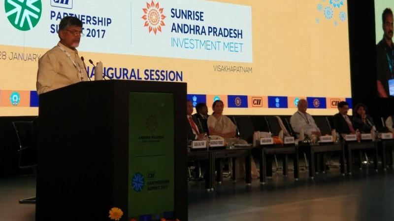Andhra Pradesh Chief Minister Chandrababu Naidu speaking at the Investment Summit in Visakhapatnam. (Photo: Twitter)
