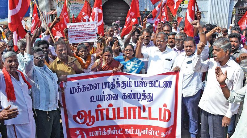 CPI (M) state secretary and cadres protest against bus fare revision in Chennai on Monday. Following the steep hike in bus fares, MMC railway station became jam-packed on Monday (Photo: DC)