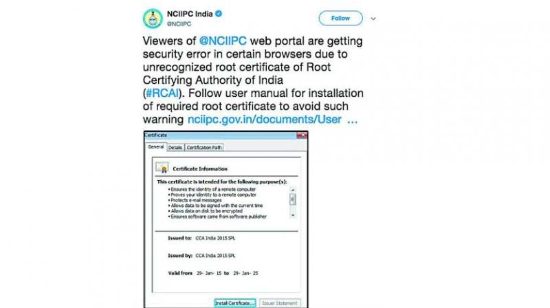 Screenshot of tweet from NCIIPC asking users to install certificate issued by Root Certificate Authority of India because it is not recognised by Google or other organisations.