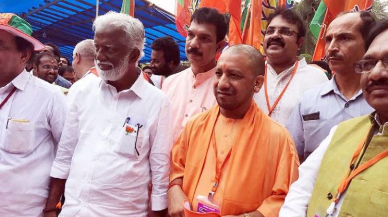 Minister Yogi Adityanath, on Wednesday, joined the Jana Raksha Yatra in Kannur over the killing of BJP and RSS workers in the state. (Photo: Yogi Adityanath | Twitter)