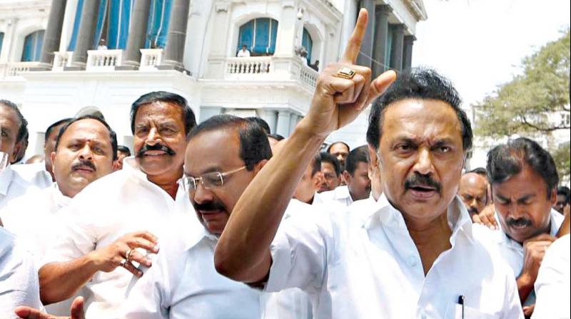 DMK members led by leader M. K. Stalin stage road roko in front of the secretariat against Rama Rajya Rath Yatra on Tuesday	(Photo: DC)