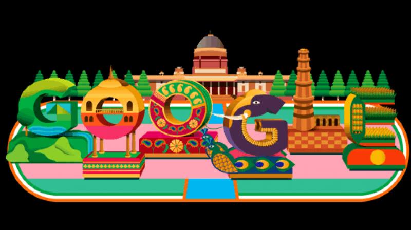 The doodle with a 3D impression depicts the iconic facade of the grand Rashtrapati Bhavan in the backdrop, flanked by trees, reflecting the flora and fauna that resides on its sprawling campus