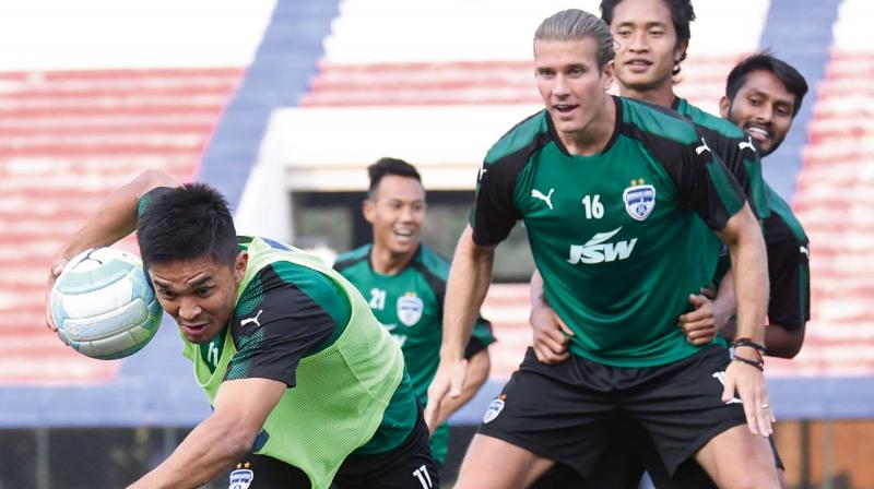 Bengaluru FC players at training on Saturday, eve of their ISL second leg semi-final against FC Pune City.