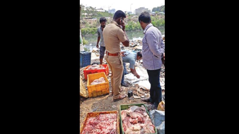 Corporation officials seizing unhygienic beef in Egmore, on Saturday. (Photo: DC)