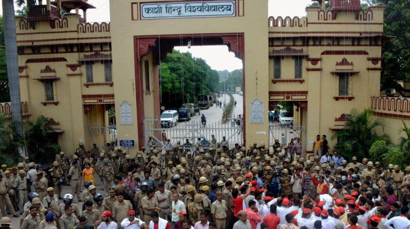 The Banaras Hindu University students protest near the universitys main gate. (Photo: PTI | File)