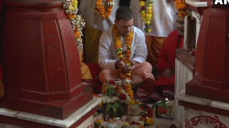 Rahul Gandhi offered prayers at the famous Maa Peetambara Peeth temple complex and stayed at the shaktipeeth for about half-an-hour. (Photo: Twitter | @ANI)