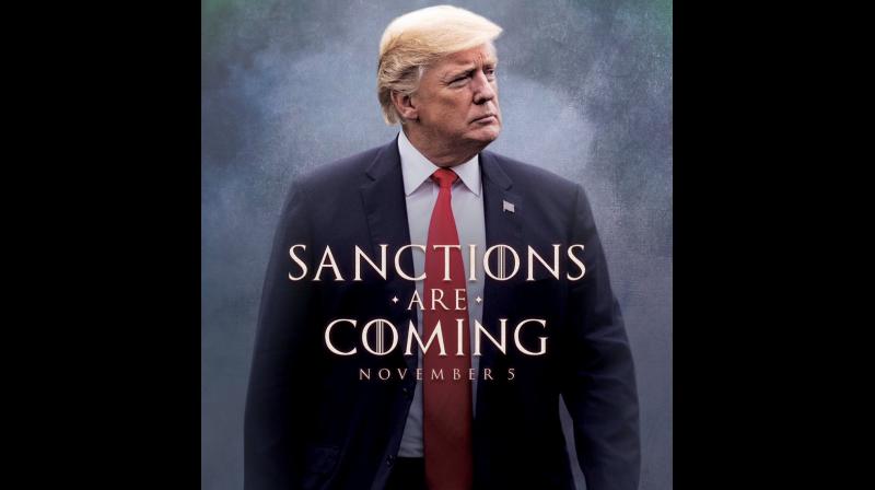 SANCTIONS ARE COMING, reads the mock movie poster Trump tweeted. Each O is crossed by vertical lines, just like in the Game of Thrones logo and the words are superimposed on a picture of the president striding out of a foggy background or possibly the smoking ruins of a diplomatic battlefield. (Photo: Twitter | @realDonaldTrump)