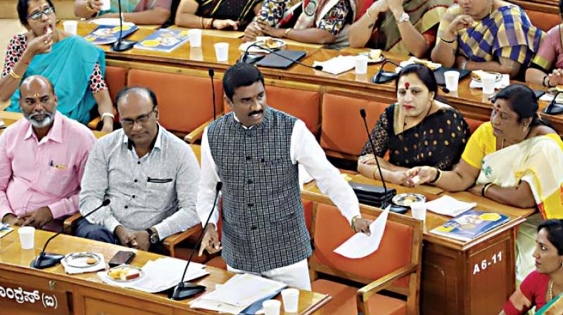 BBMP ruling party leader M. Shivaraj at the council  meeting, in Bengaluru on Thursday (Photo: DC)