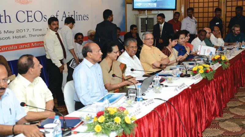 Chief Minister Pinarayi Vijayan takes part in the meeting of CEOs of different airlines operating from Kerala, in Thiruvananthapuram on Monday. (Photo:DC)