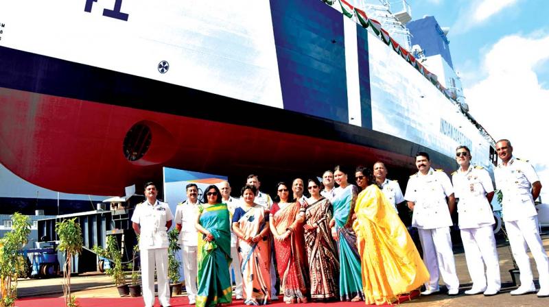 The 4th in the series of 98 M Offshore Patrol Vessels (OPVs) of Indian Coast Guard launched at L&T Kattupalli on Friday in the presence of  Chief Guest IG V D Chafekar, commander, Coast Guard Region (West), Mumbai and senior  dignitaries of the ICG, state Government and L&T. 	(Photo: DC)