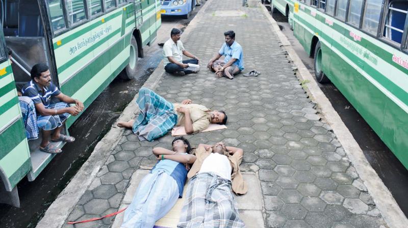 State transport crew, roped in for operating  special buses, spend sleepless nights on pavements, as there are no basic amenities.