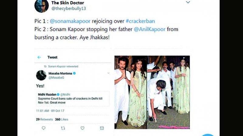 Sonam Kapoor was ecstatic when the SC decided to ban sale of crackers in Delhi. But in no time, her followers put up photographs of the actress partaking in Diwali celebrations as her father went on to light crackers	  Twitter