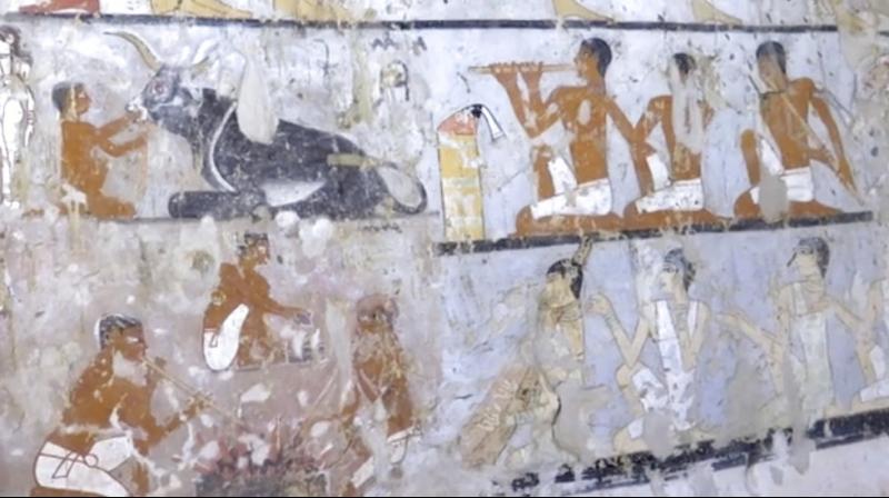 Wall paintings inside a 4,400-year-old tomb near the pyramids outside Cairo, Egypt. Egypts Antiquities Ministry announced the discovery Saturday and said the tomb likely belonged to a high-ranking official known as Hetpet during the 5th Dynasty of ancient Egypt. The tomb includes wall paintings depicting Hetpet observing different hunting and fishing scenes. (Photo: AP)