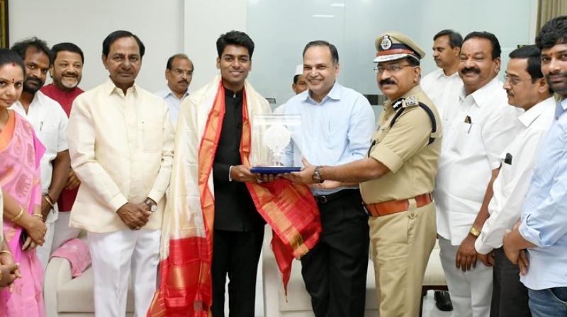 Telangana Chief Minister K Chandrasekhar Rao complimented Anudeep, saying he is a role model to many young people in the state. (Photo: Twitter/@TelanganaCMO)