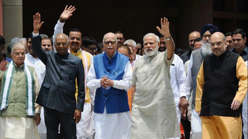 NDA Presidential candidate Ram Nath Kovind with LK Advani, Prime Minister Narendra Modi and BJP President Amit Shah (from left) after filing nomination papers. (Photo: Twitter | @narendramodi)