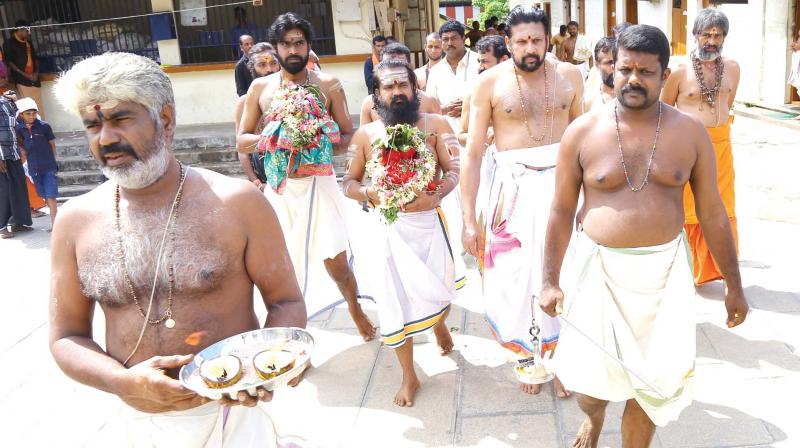 The Kalabha procession, part of the monthly rituals, in progress at Sabarimala on Monday.