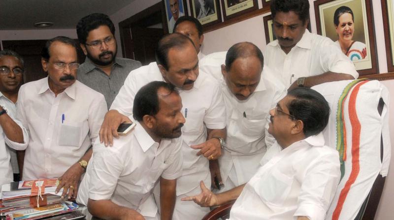 V.M. Sudheeran surrounded  by T. N. Prathapan, Johnson Abraham and Manacaud Suresh, V.D. Satheesan and K. S. Sabarinadhan at Indira Bhavan on Friday. (Photo:  DC)