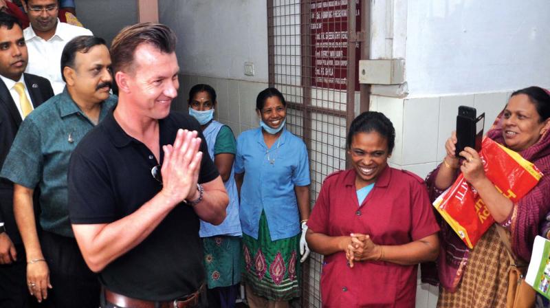 Former Australian cricketer and the brand ambassador of Cochlear global hearing Brett Lee at Ernakulam General Hospital after witnessing the newborn babys screening for hearing impairment, in Kochi on Friday.  (Photo: SUNOJ NINAN MATHEW)