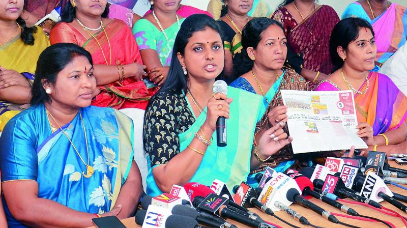 Actress turned politician and YSR Congress leader R.K. Roja addresses during a press conference at party office in Visakhapatnam on Sunday. (Photo: DC)
