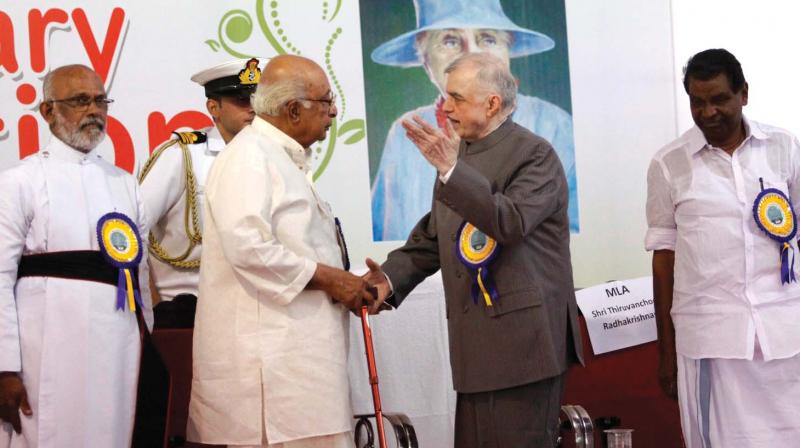 Governor P. Sathasivam  with Justice KT.Thomas at the inaugural function of the bicentenary celebrations of Baker Memorial Girls HSS in Kottayam on Tuesday. Rev Daniel George and Thiruvanchoor Radhakrishnan, MLA,  are also seen.