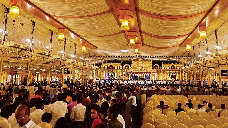 The grand venue at the Bangalore Palace Grounds, where Janardhana Reddys daughter Brahmini and Rajeev Reddy got married on Wednesday.