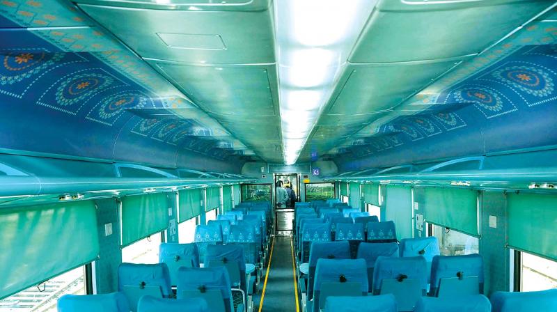 Upgraded interior of the Swarn Shatabdi coach augmented with Chennai-Mysuru Shatabdi express. (Photo: DC)