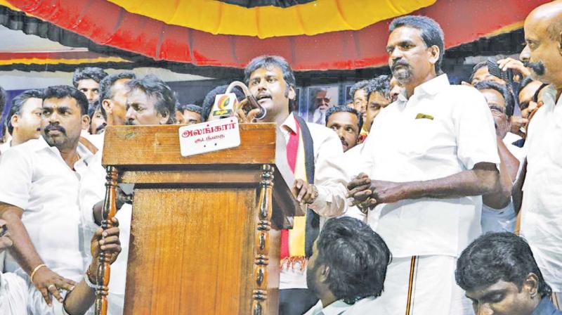 Vijayaprabhakaran, the son of DMDK chief Vijayakanth, addresses the public rally at Kumbakonam on Friday. (PhotoL DC)