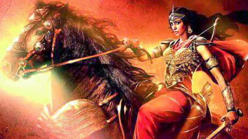 Sangamithra poster features a concept art of Shruti, who plays a warrior princess in the film, riding a horse with a sword in hand.