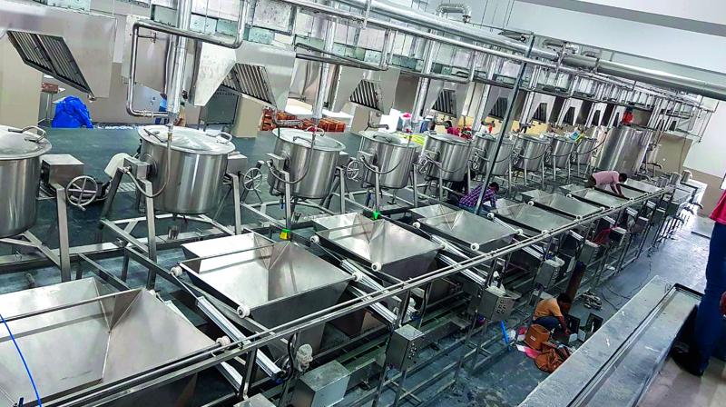 A part of the massive kitchen set up by the Akshaya Patra Foundation in Sangareddy, near Hyderabad.