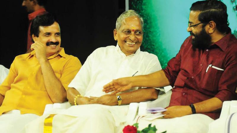 Education minister Prof C Ravindranath, Kalamandalam Gopi and tourism minister Kadakampally Surendran at the Haritham programme being held  as a part of 80th birthday anniversary of Mr Gopi on Sunday in Thrissur. (Photo: DC)