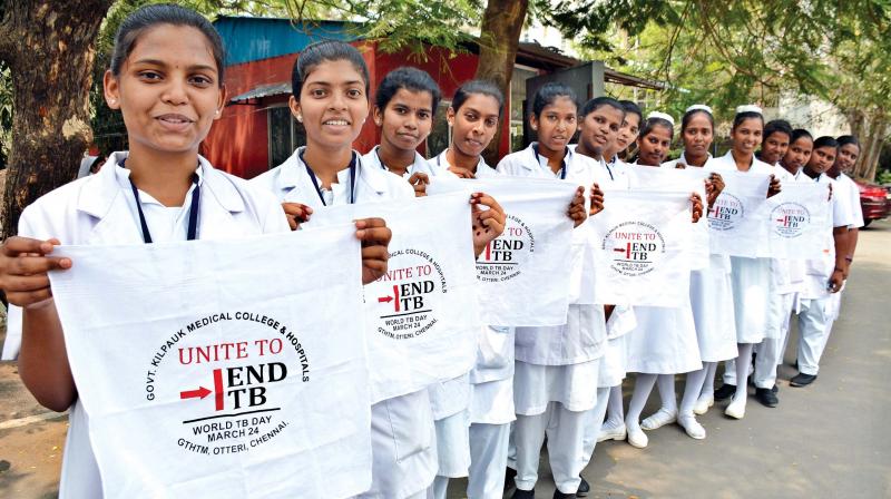 Medical college and nursing students at Kilpauk Medical College and Hospital participate in a rally to create awareness on treatment of Tuberculosis to mark World TB day on Friday.	DC