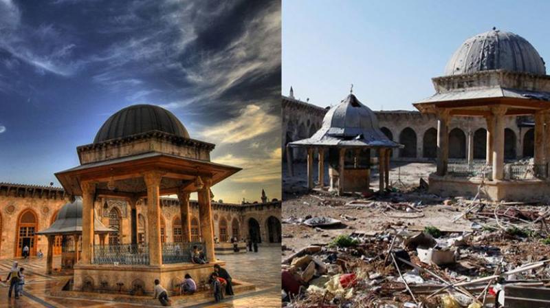 The Umayyad Mosque in Aleppo before and after the Syrian conflict. (Photo: Facebook)