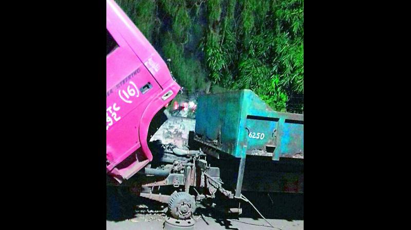 One of the vehicles being repaired at the VMC depot in Vijayawada. (Photo: DC)