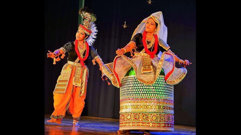 Manipuri dancers perform at the Amaravati Nrityotsav in Vijayawada on Saturday. (Photo: C. NARAYANA RAO)