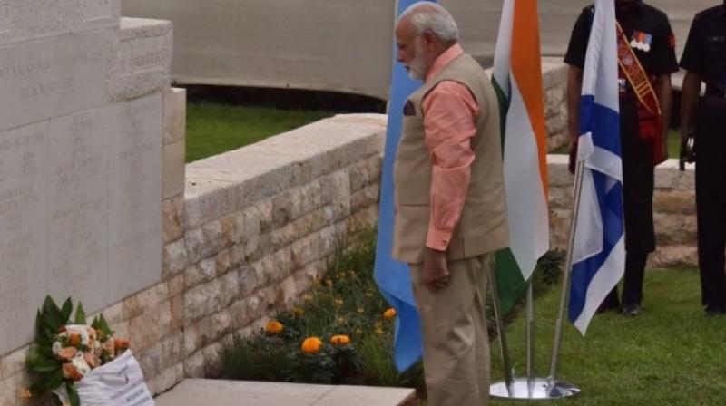 Before visiting the site, Modi said, \This is the final resting place for 44 of the Indian soldiers who sacrificed their lives during World War I to liberate the city.\ (Photo: MEA India Twitter)