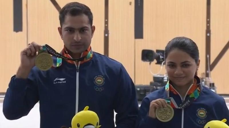 Ravi Kumar and Apurvi Chandela finished third on the podium with a score of 429.9 to win a bronze medal in the 10m mixed air rifle. (Photo: Twitter / IOA India)