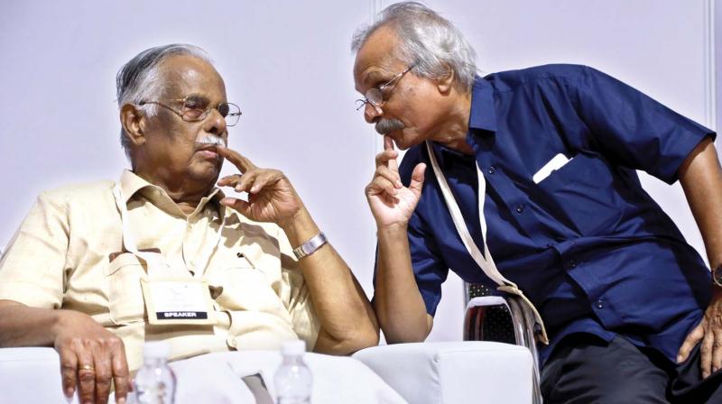 Writers T.Padmanabhan and M.Mukundan during the Krithi International Book Fair in Kochi on Saturday.           Image: ARUN CHANDRABOSE