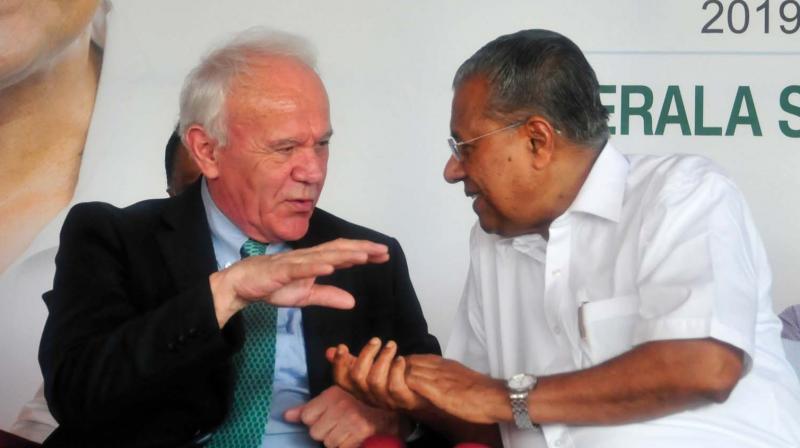 Chief Minister Pinarayi Vijayan with Dr. William Hall, School of Medicine, University College, Dublin at  the inauguration of the Institute of Advanced Virology ( IAV) phase 1A building at Thonnakkal in Thiruvananthapuram on Saturday.  	A.V. MUZAFAR
