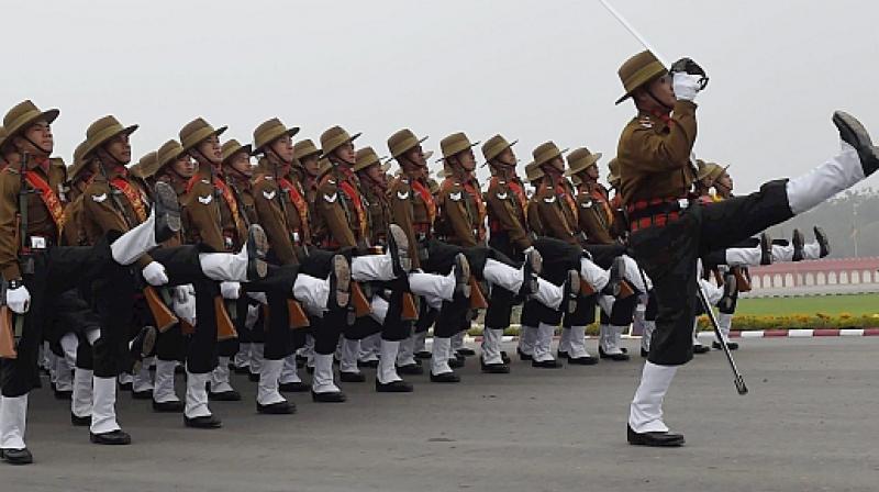An army contingent marching during the Army Day parade. (Photo: PTI)