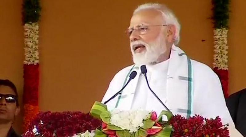 Prime Minister Narendra Modi laid the foundation stone of various projects in Kanchipuram, Tamil Nadu. (Photo: ANI)